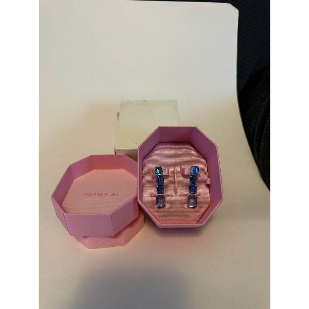 New Swarovski Octagon Cut Rhodium Plated Millenia Drop Earring Blue